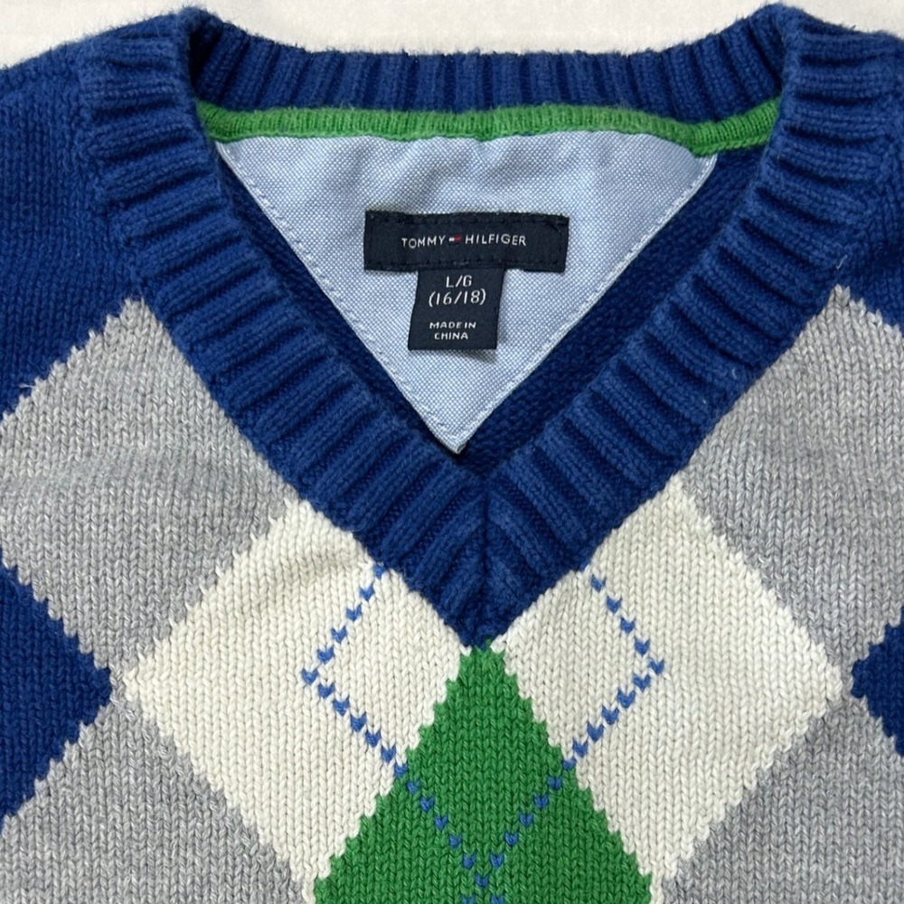 Tommy Hilfiger Kids Sweater Large‎ (16/18) Blue Argyle Knit Cotton